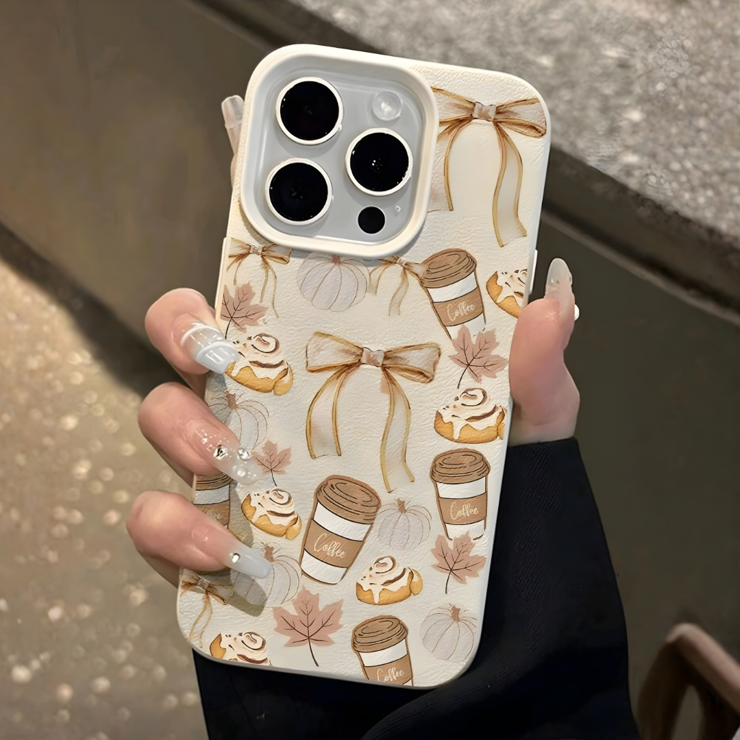 Case Autumn Vibe| Diseño Estampado de Café, Postres y Lazos