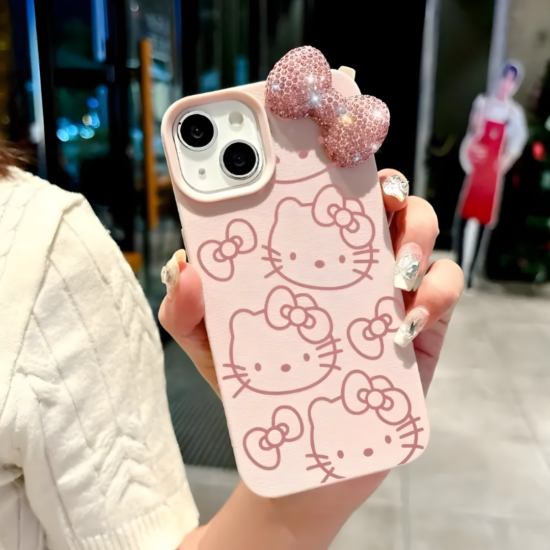 Case Iconic Kitten Pink – Estilo Coquette con Lazo Joya de Cristales / Compatible para iPhone 13-14