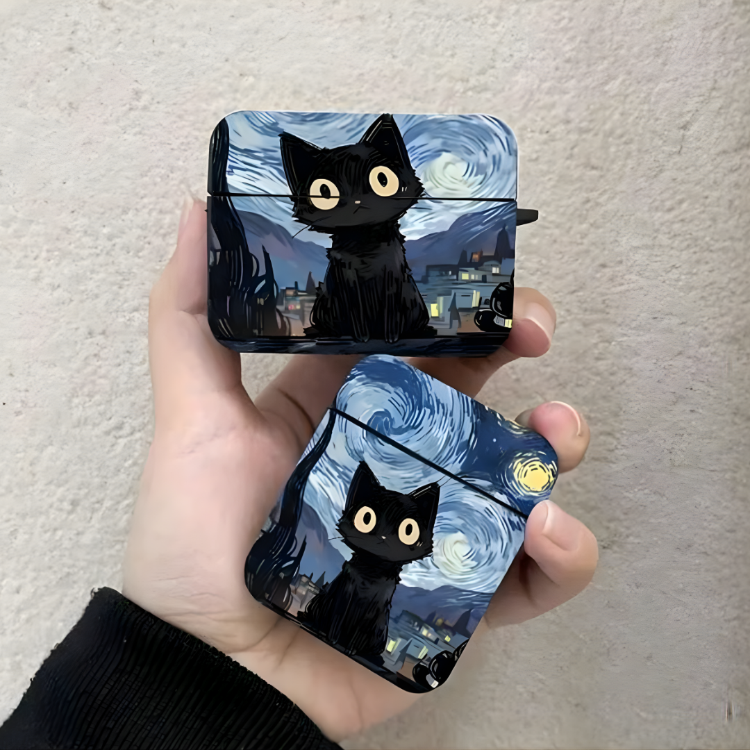 Funda Protectora para AirPods con Diseño de Gato y Noche Estrellada